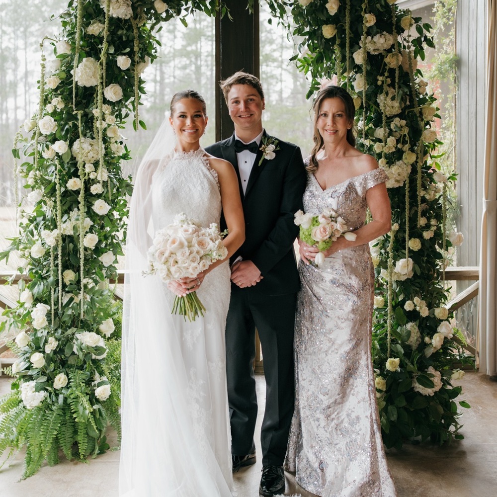 Ina Faux Floral Bouquet with White and Green Blooms. 
Mother of the bride dress.